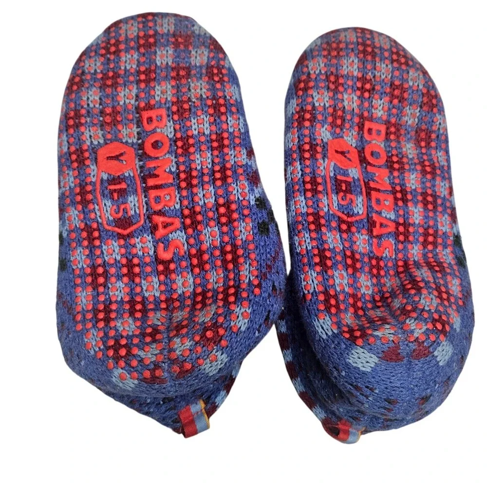 Bombas Gripper Slippers Youth 1-5 Blue Fair Isle Knit Non-Slip House‎ Shoes Cozy